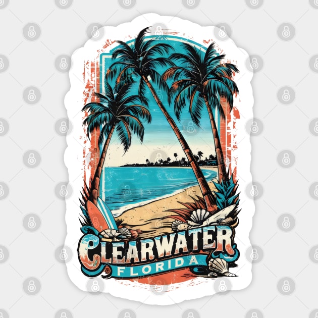 Clearwater Florida Vintage Beach Design – Palm Trees, Surfboards & Coastal Vibes Sticker by WarFX Designs